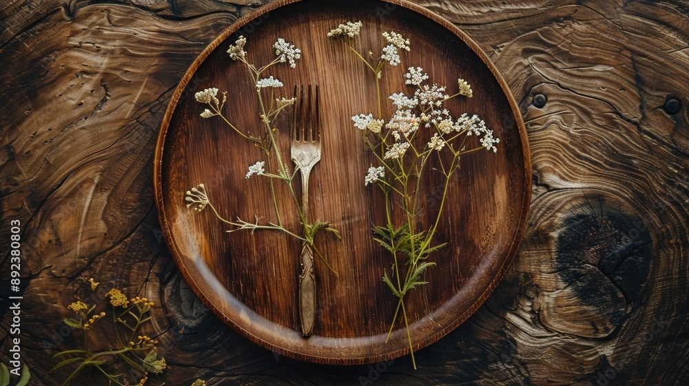 Wooden plate adorned with a fork and floral decoration Wooden plate adorned with a fork and floral decoration