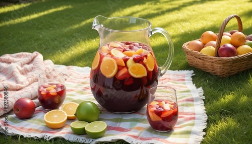 A vibrant sangria in a glass pitcher on a picnic blanket in a lush green park, with the afternoon sun shining brightly.
 photo