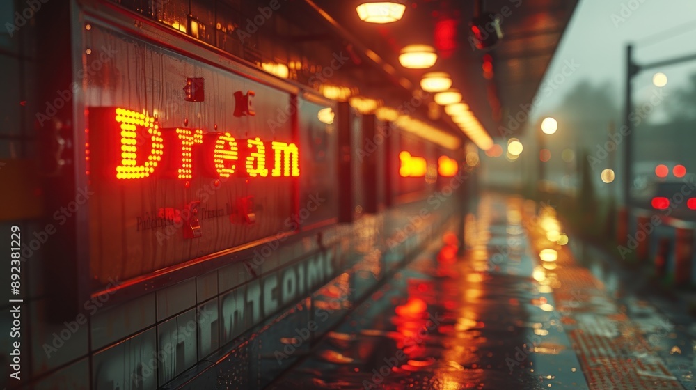 A neon sign glows brightly in the rain, casting a warm light on the wet pavement A neon sign glows brightly in the rain, casting a warm light on the wet pavement