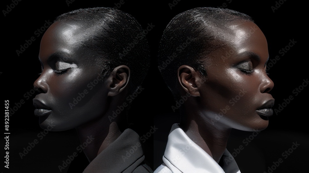 Two women face each other, eyes closed, in a dark studio Two women face each other, eyes closed, in a dark studio
