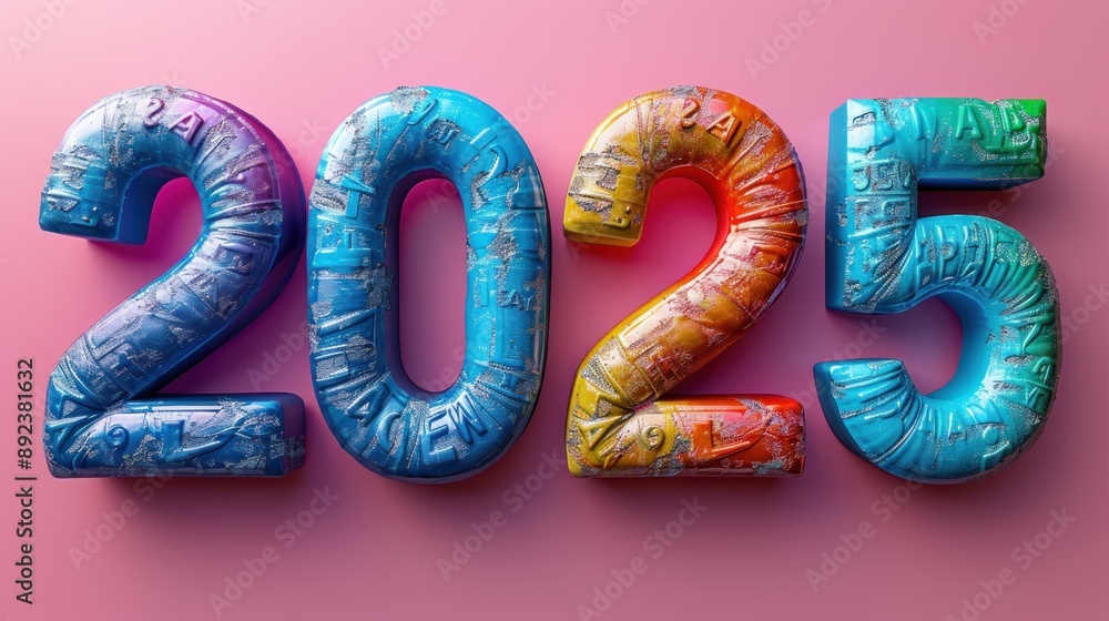 Obraz premium Multicolored, 3D numbers spelling 2025 on pink background