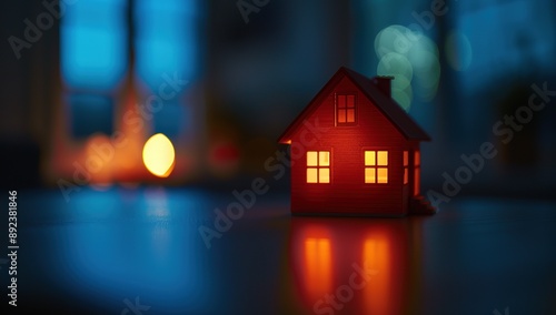 Hyper Realistic Small Wooden House Model on Table with Blurred Nighttime Home Interior and Colorful Lights