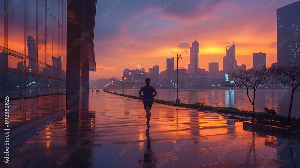 Fototapeta premium Jogging along a city waterfront at dawn