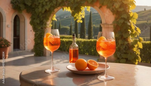 An Aperol spritz on a stylish patio in an Italian villa, with grapevines in the background and the golden hour light enhancing the ambiance.
 photo