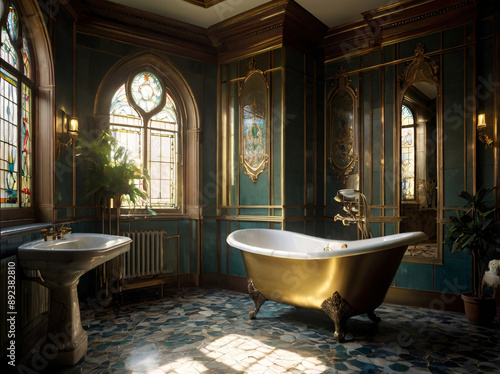 Bathroom in Victorian style interior design by luxurious claw foot bathtub and porcelain pedestal basin also with stained glass windows
