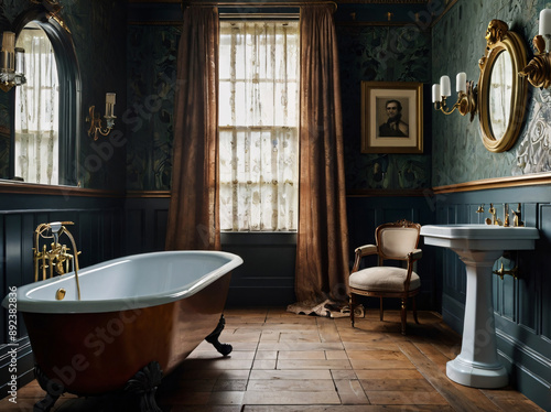 Bathroom in Victorian style interior design by luxurious claw foot bathtub and porcelain pedestal basin © 寶