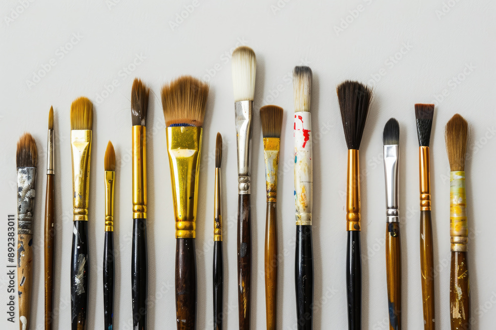 Art brushes lined up on table awaiting use Art brushes lined up on table awaiting use