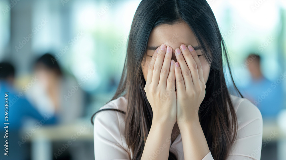 Distressed Asian businesswoman covering face with hands in office. Distressed Asian businesswoman covering face with hands in office.