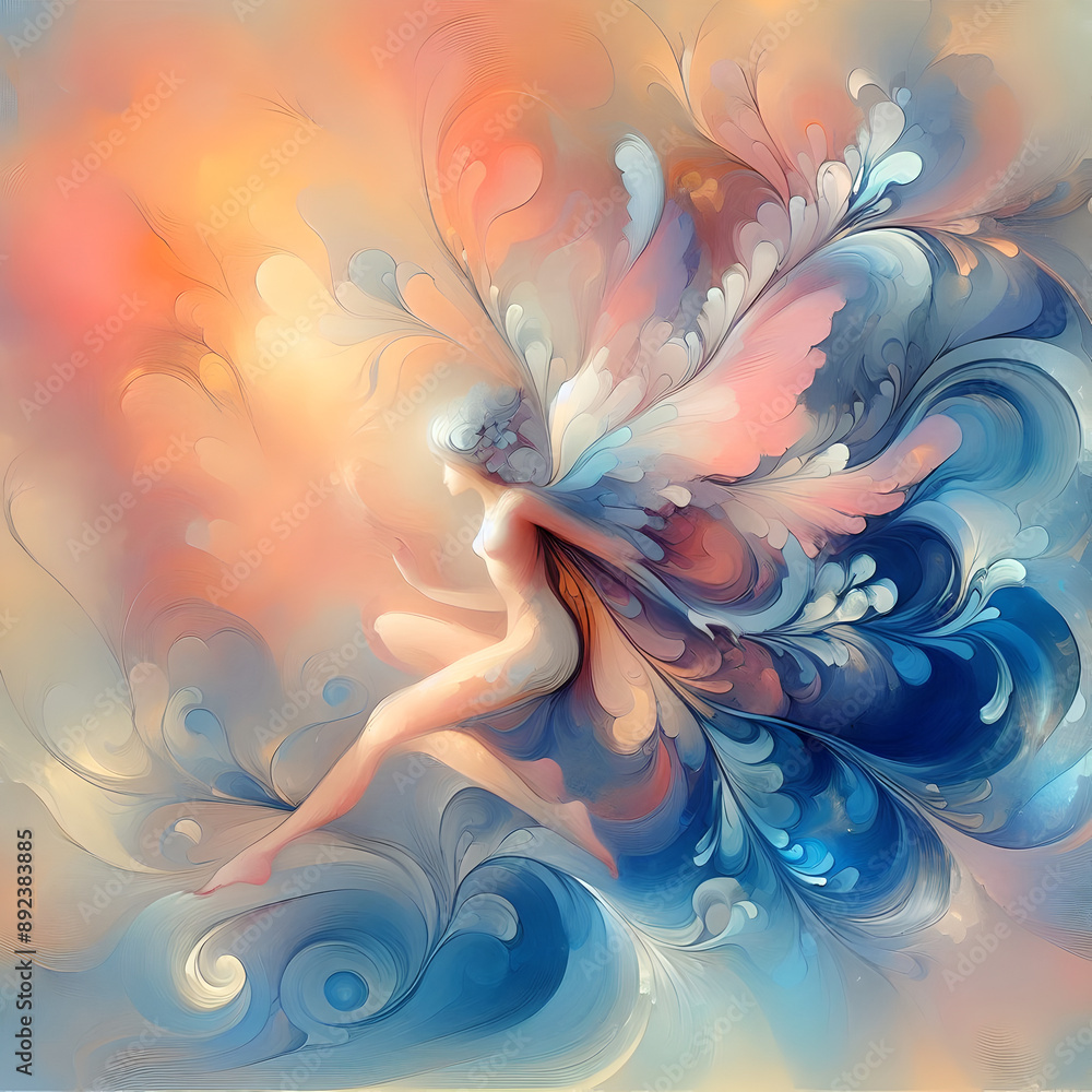 Obraz premium Celestial Dance: Ethereal Fairy with Flowing Wings in Fantasy Art, Mystical Beauty, Enchanted Realism, Dreamlike Masterpiece