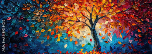 Elegant colorful tree with vibrant leaves hanging branches illustration background. Bright color 3d abstraction wallpaper for interior mural painting wall art decor. Ai	