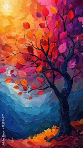 Fototapeta Naklejka Na Ścianę i Meble -  Elegant colorful tree with vibrant leaves hanging branches illustration background. Bright color 3d abstraction wallpaper for interior mural painting wall art decor. Ai	