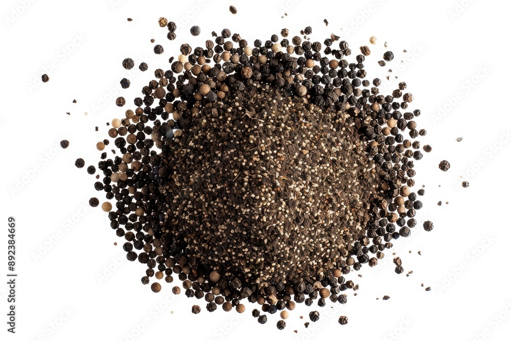 Close-up shot of black pepper seeds scattered on a clean white surface, ideal for food and cooking related images Close-up shot of black pepper seeds scattered on a clean white surface, ideal for food and cooking related images