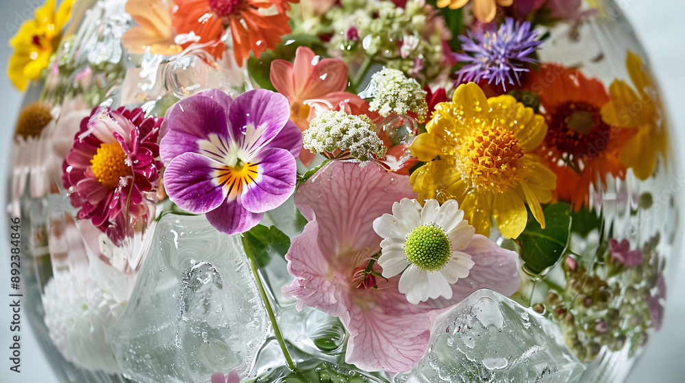 Obraz premium Colorful variety of fresh edible flowers in an ice sphere