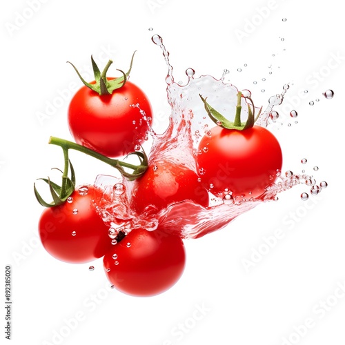 Splash juicy ripe red cherry tomatoes on a branch in water drops, no background photo