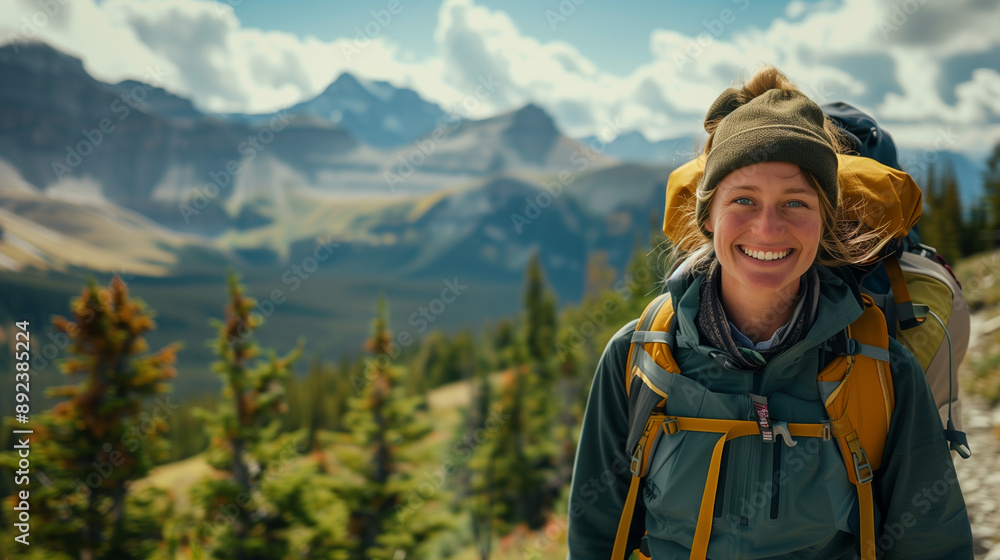 Happy woman on a scenic mountain hike Happy woman on a scenic mountain hike