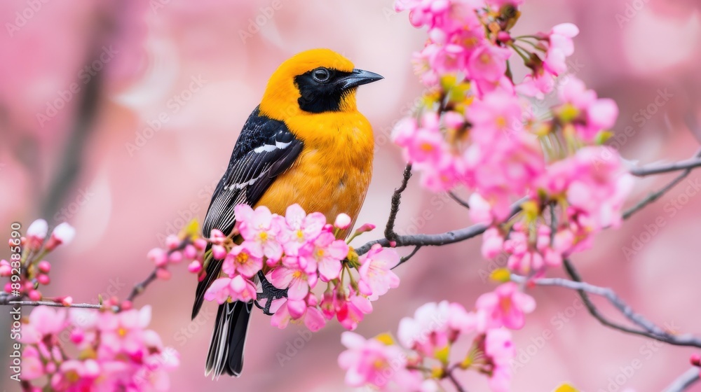 Fototapeta premium Majestic Goldeeg Bird Perched on Flowering Tree with Pink Blossoms