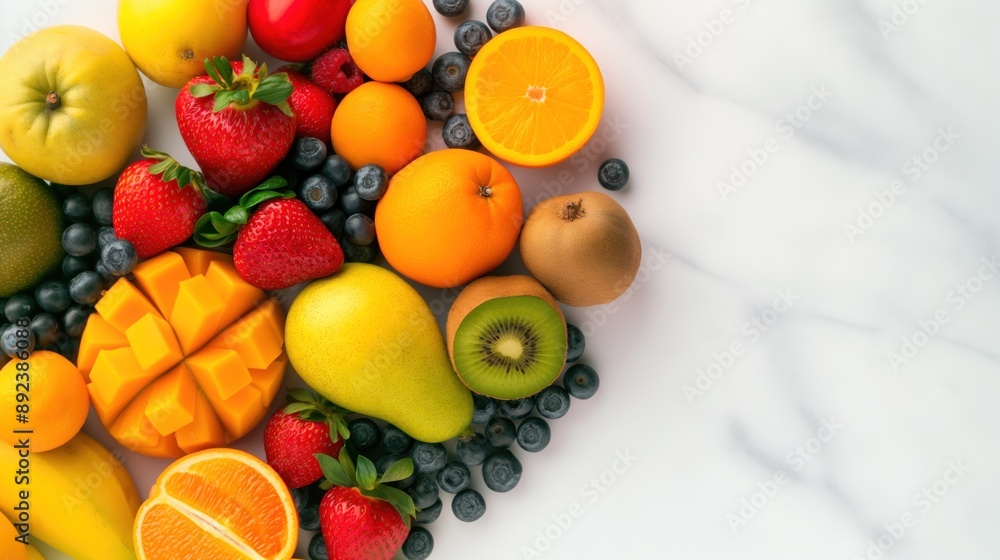 Artistic arrangement of various exotic fruits on a white marble background, highlighting their natural beauty and textures Artistic arrangement of various exotic fruits on a white marble background, highlighting their natural beauty and textures