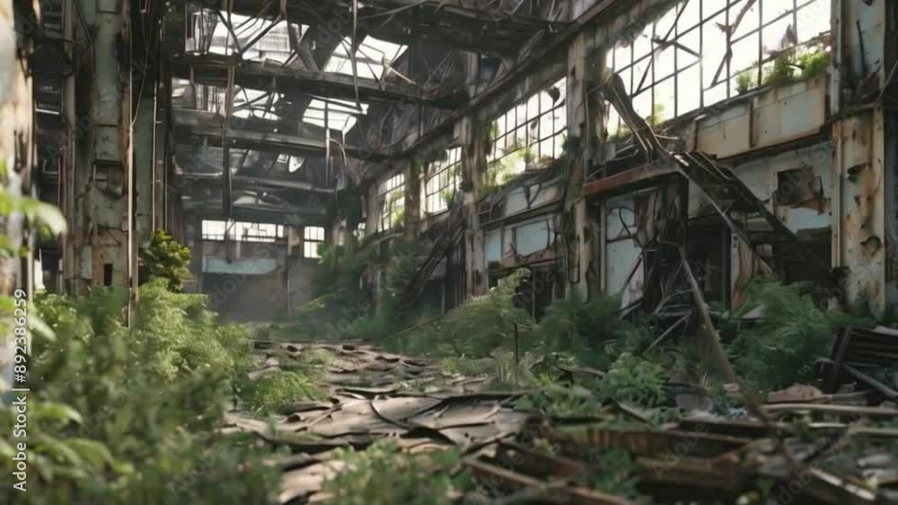 abandoned damaged buildings. overgrown with weeds. generative ai abandoned damaged buildings. overgrown with weeds. generative ai