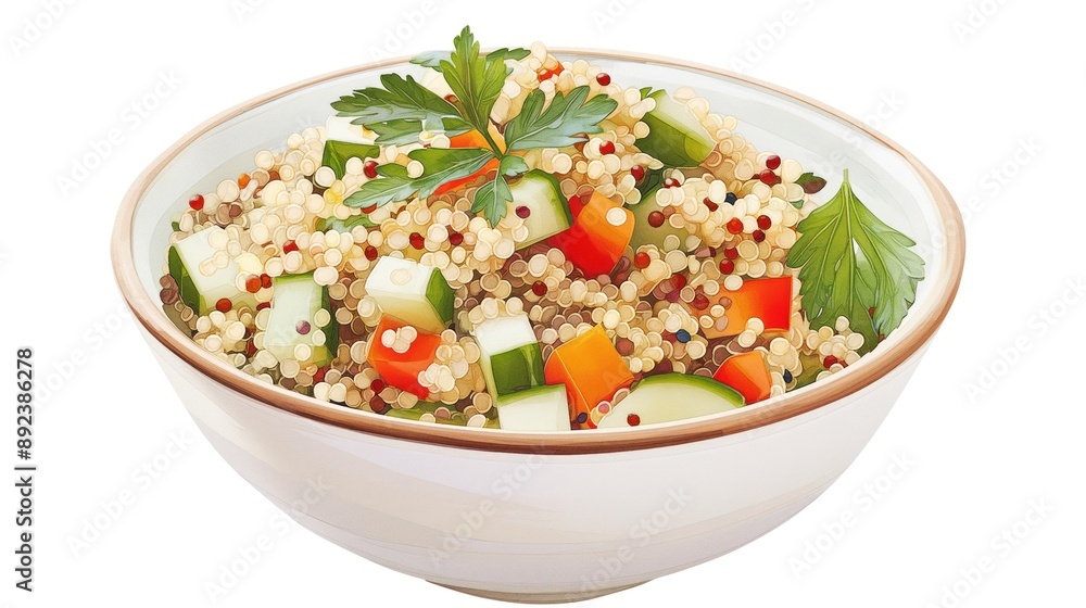A bowl of quinoa salad, healthy food element, watercolor illustration, pastel, isolated on white background A bowl of quinoa salad, healthy food element, watercolor illustration, pastel, isolated on white background