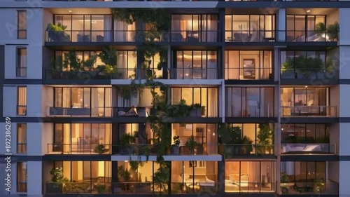tall apartment building with lights. night atmosphere. generative ai