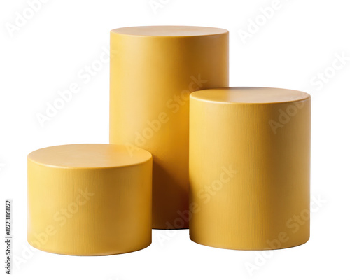 Three yellow pedestal cylinders of varying heights, perfect for product display or decorative use. Isolated on transparent background, png. photo