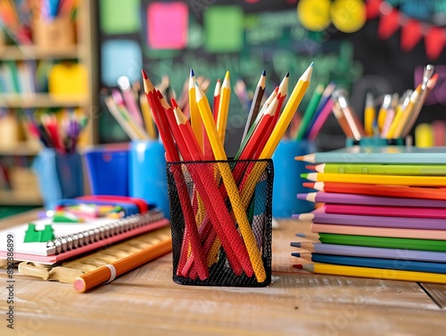 Classroom with school supplies ready.