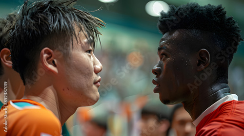 [3] A close-up shot of athletes from different countries shaking hands after a close match. Their faces express mutual respect and sportsmanship, highlighting the ability of sport to bridge 