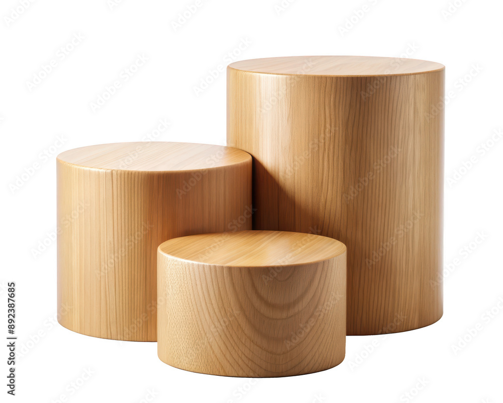 Three wooden pedestal cylinders of different heights, perfect for product display or decorative use. Isolated on transparent background, png. Three wooden pedestal cylinders of different heights, perfect for product display or decorative use. Isolated on transparent background, png.