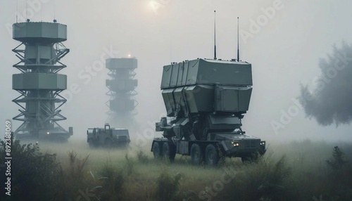 An air defense system in the middle of a foggy early morning, with dew on the surrounding vegetation and muted colors
 photo