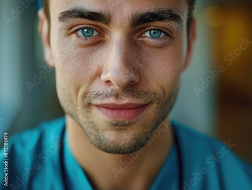 A detailed view of someone's upper body, dressed in a blue shirt