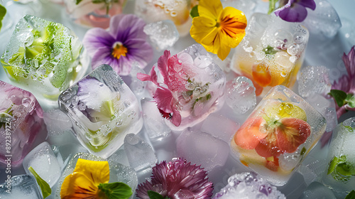 Colorful variety of fresh edible flowers frozen in ice cubes © mpatitta