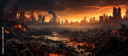 Dangerous disaster disaster with burning cityscape in the background