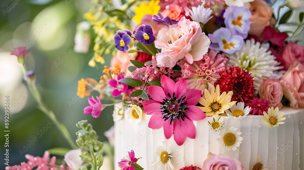 Colorful variety of fresh edible flowers on a wedding cake Colorful variety of fresh edible flowers on a wedding cake