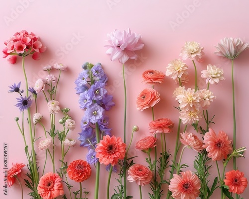 Flowers arranged in flat lay style on a light pink background, springtime banner, ample copy space, ideal for wedding, Mothers Day, or Womens Day greeting card