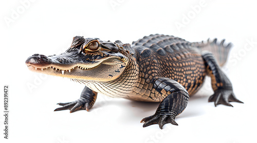 A detailed close-up of a crocodile, showing its textured skin and menacing appearance, isolated on a white background,Crocodile isolated on white background with clipping path  © Yousaf