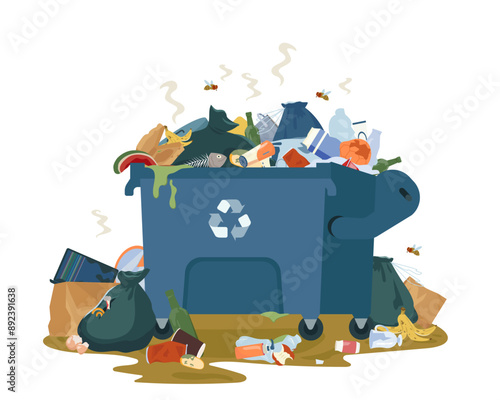 Large metal garbage container with unsorted trash. Decaying garbage and trash bags left lying around dump that smells ugly and started to decompose. Vector Illustration isolated on white.