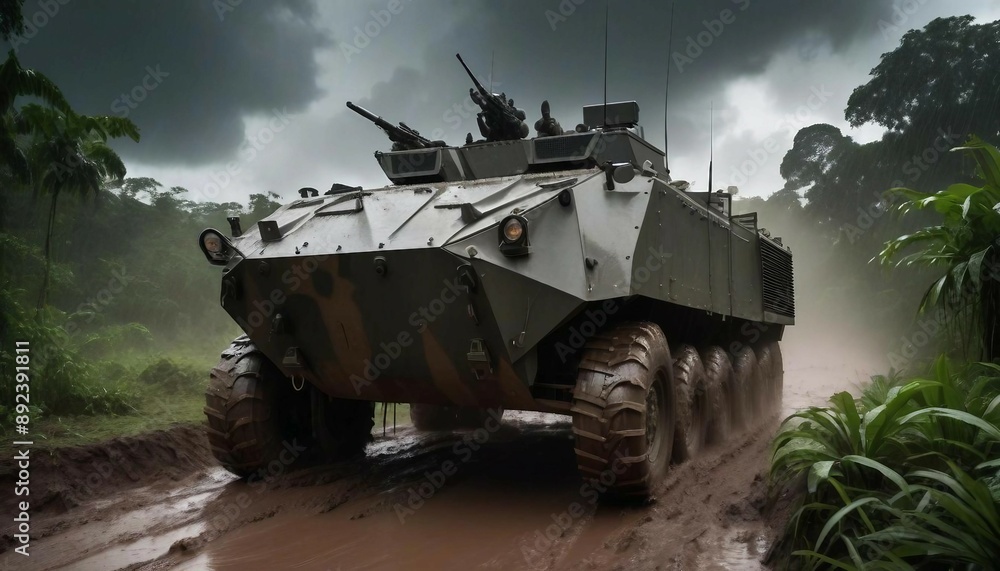 An armored personnel carrier maneuvering through a muddy jungle terrain during the rainy season, with dark, stormy clouds overhead
An armored personnel carrier maneuvering through a muddy jungle terrain during the rainy season, with dark, stormy clouds overhead