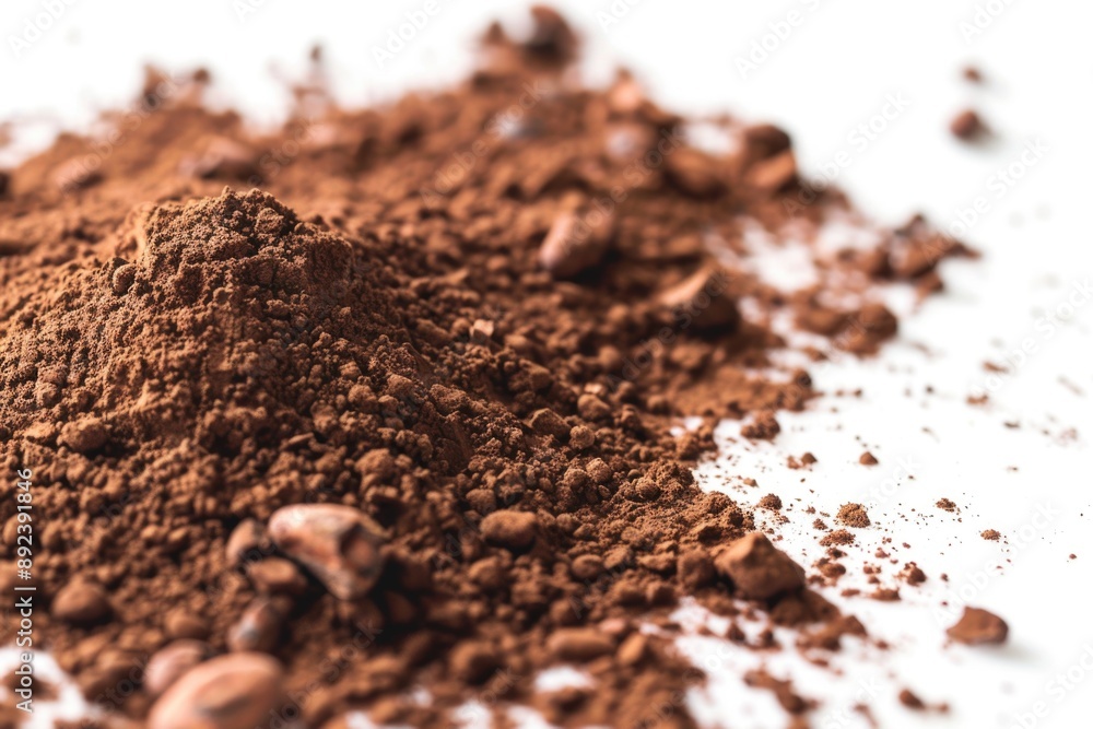 A heap of dark brown cocoa powder sits on a white background A heap of dark brown cocoa powder sits on a white background