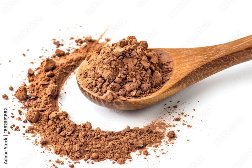 A spoonful of rich and creamy cocoa powder sits on a clean white surface, ready for use in baking or as a decorative accent A spoonful of rich and creamy cocoa powder sits on a clean white surface, ready for use in baking or as a decorative accent