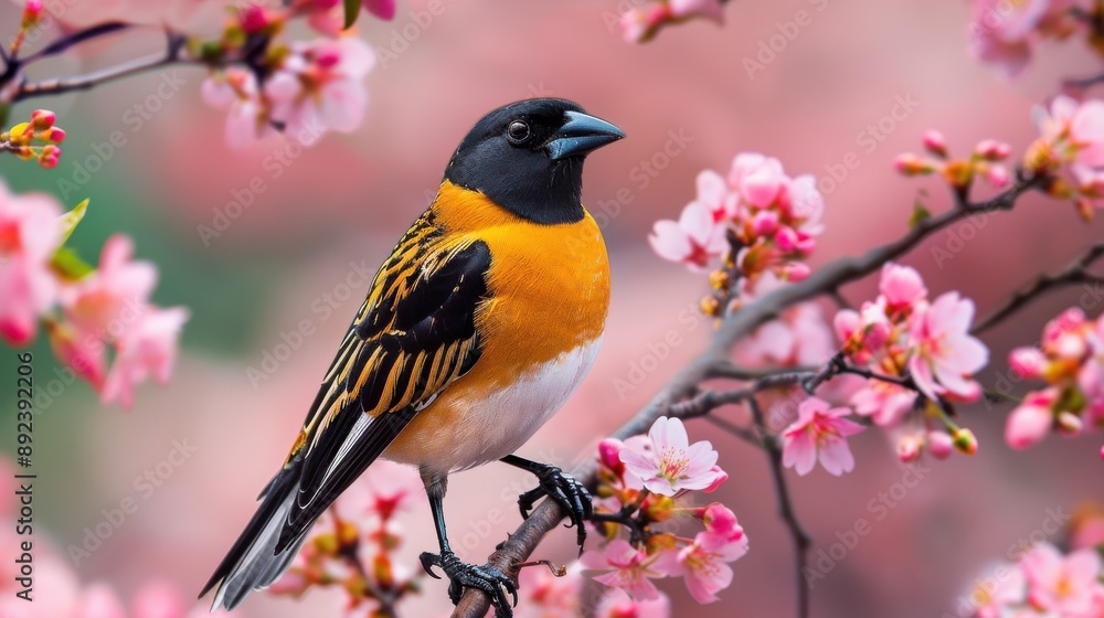 Tranquil Goldeeg Bird Perched on Blossoming Tree Branch Tranquil Goldeeg Bird Perched on Blossoming Tree Branch
