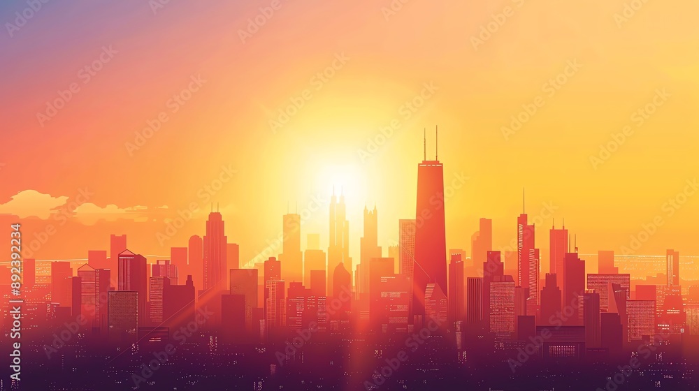 Fototapeta premium Silhouette of a modern city against a vibrant sunset.