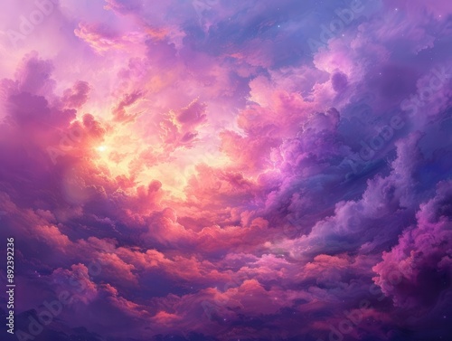 Fantasy sky, purple Cumulus clouds, abstract aesthetic, soft pastels, surreal atmosphere, gentle light, ethereal vibe