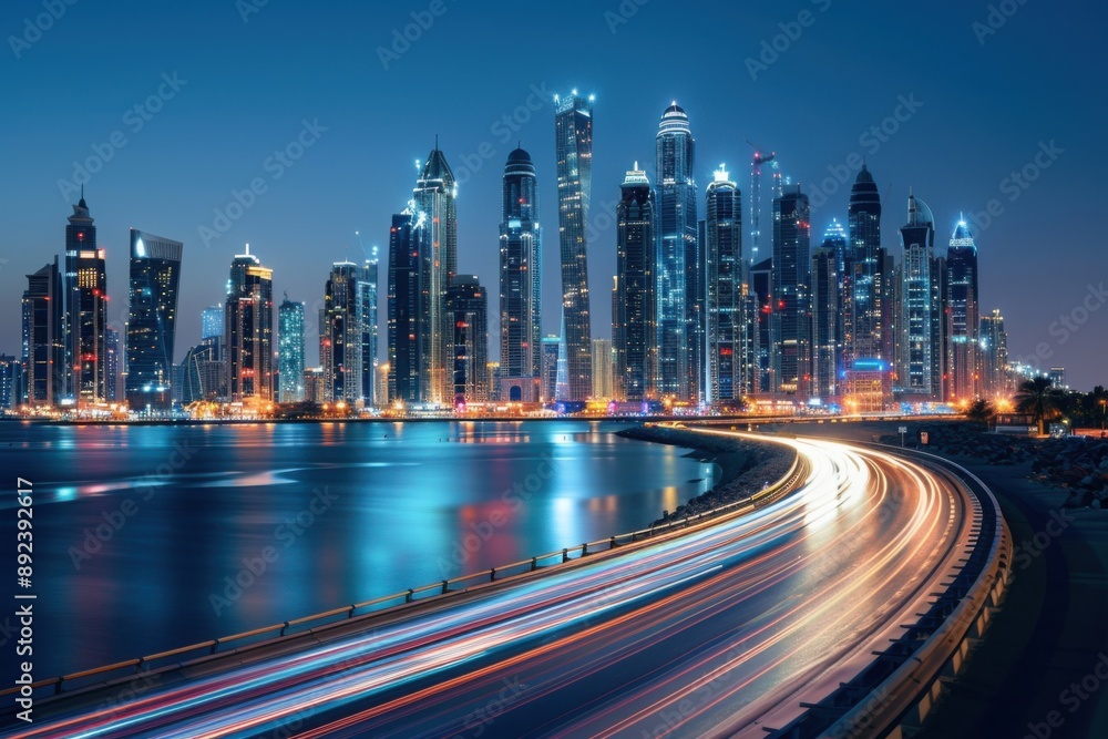 Fototapeta premium City skyline with neon lights taken using low shutterspeed