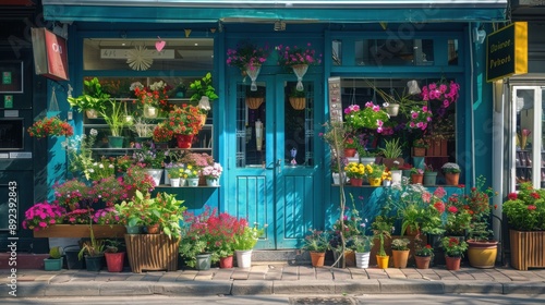 Fototapeta Naklejka Na Ścianę i Meble -  Colorful florist shop exterior on a bright morning light