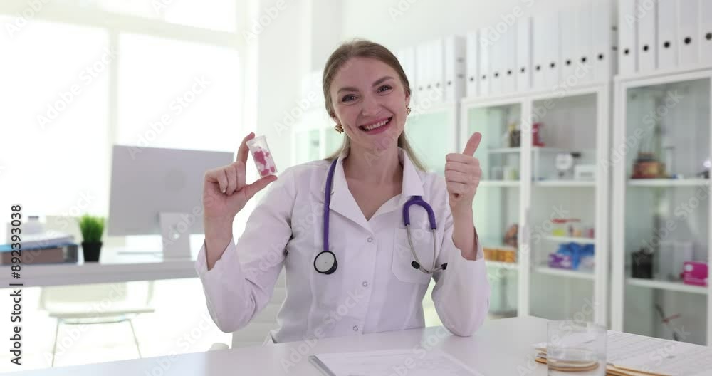 Woman doctor holds flask with medicine in hand showing thumbs up. Female cheerful healthcare worker advertising pills to clients slow motion Woman doctor holds flask with medicine in hand showing thumbs up. Female cheerful healthcare worker advertising pills to clients slow motion