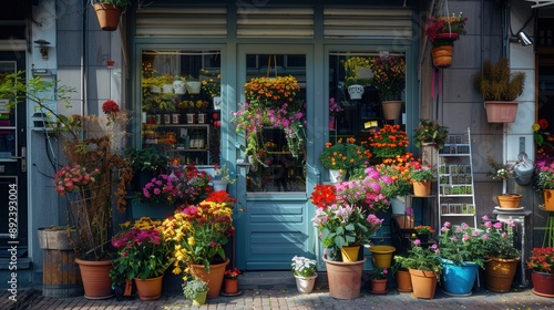 Fototapeta Naklejka Na Ścianę i Meble -  Colorful florist shop exterior on a bright morning light