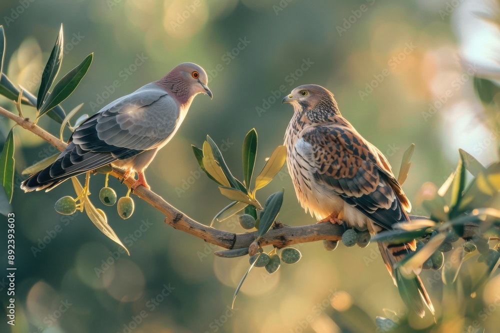 Fototapeta premium Dove and hawk perched on same olive branch highlighting peace through strength concept, a copy space