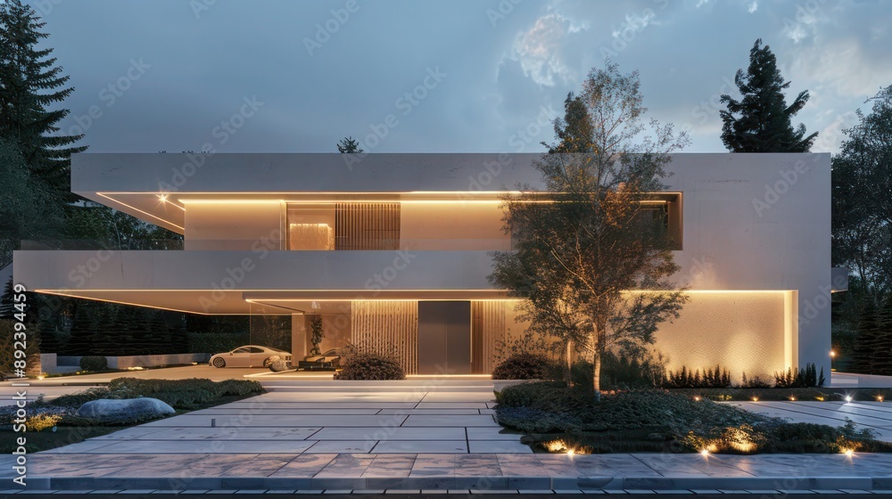 Fototapeta premium luxury suburban home with a minimalist aesthetic, featuring a smooth facade and hidden lighting elements