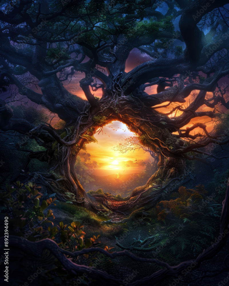 A tree with a hole in it, with the sun shining through it A tree with a hole in it, with the sun shining through it