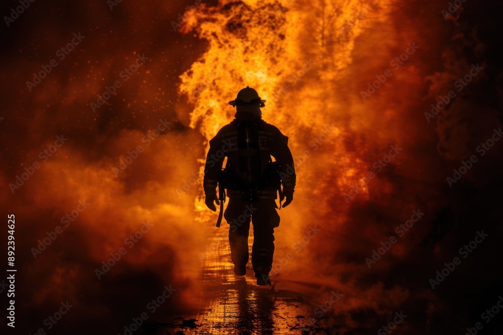 Fototapeta premium Firefighter silhouette during a fire incident